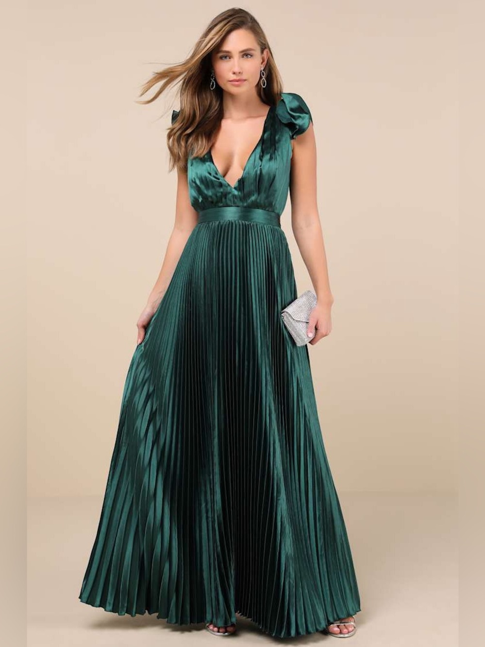 Lulus Exceptional Drama Emerald Green Satin Lace-Up Pleated Maxi Dress Sz Large